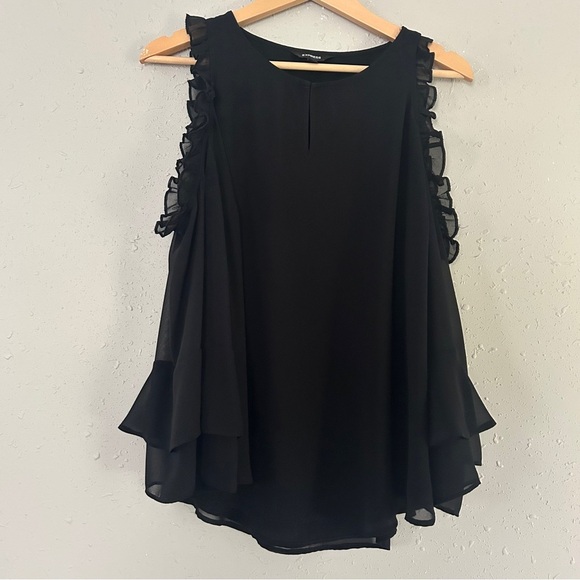 Express Classic Black Blouse Ruffle Cold Shoulder Formal Neutral Large - Picture 1 of 8
